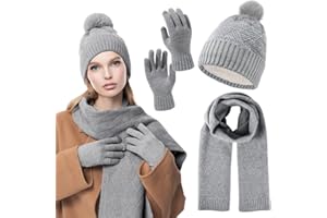 KOIROI Damska zimowa ciepła czapka, szalik, rękawiczki do ekranów dotykowych, zestaw ochraniaczy uszu, czapka zimowa, czapka z dzianiny z pomponem, czapka zimowa, szalik, rękawiczki zimowe, prezent