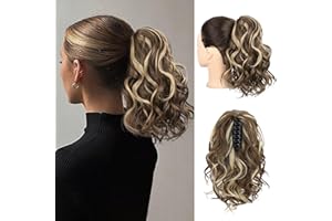 REECHO Ponytail Extension, Claw Clip in Ponytail Hair Extensions 12 Inch Short Curly Ponytail Natural Wavy Synthetic Hairpiece for Women – Light Brown with Highlights