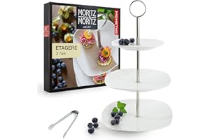 Moritz & Moritz Alzatine per Dolci con 3 Piani 21,5 x 19 x 14,5 cm - Alzatina per Dolci Ceramica Bianca con Pinza per Servire Vivande