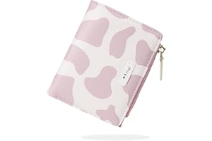 conisy Śliczne portfele dla kobiet, skórzany, składany, mały portfel z zamkiem błyskawicznym, portfel blokujący RFID, dla dziewcząt i kobiet, Różowy krowa, 4.52 x 3.54 x 0.59 in, Nowoczesny