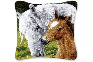 Coopay Kit Crochet de Verrouillage Tapis DIY Broderie pour Animaux, Kit Tapis Point Noué à Faire pour Débutants,Adultes ou Enfants,Latch Hook Canevas Coussin Point de Cheval et Poulain 43x43cm