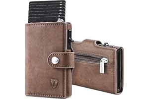 TENBST Portafoglio Uomo Slim, Piccolo Pelle Portamonete, RFID Porta Carte di Credito Uomo, Portatessere Anticlonazione con Bottone, Marrone, Box Regalo