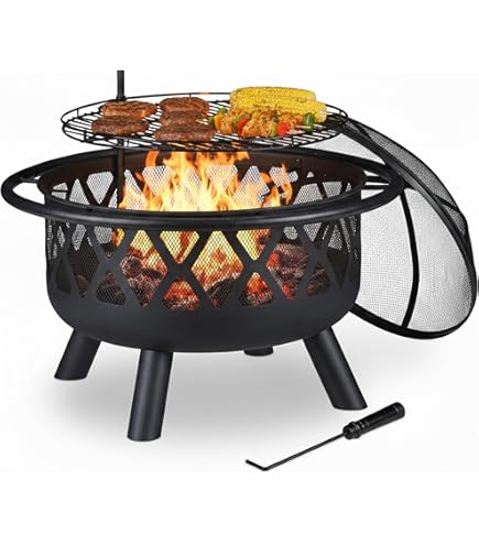 OutVue Braciere da 91 cm con 2 griglie, braciere a legna per esterni con coperchio, attizzatoio e copertura rotonda impermeabile, barbecue e braciere all'aperto e tavolo rotondo in metallo 3 in 1