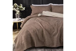 Qucover Coffee Brown Bedspread Soft and Comfortable Cotton Quilted Bedspreads King Size with Elegant Embroidered Palm Leaf Pattern, 3 Pieces Bedspreads Coverlets Sets with Pillowcases for All Seasons