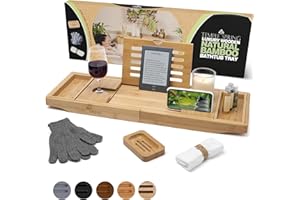 Temple Spring Estante Baño, Bambu Bandeja Baño, Bandeja Bañera Extensible, Accesorios Bañera – Natural