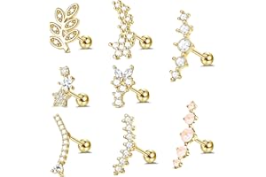 Kakonia 8Pcs Piercing Oreille Cartilage Acier Inoxydable Tragus Helix Conch Conque Piercing Zircone Cubique Boucles d'oreilles Femme