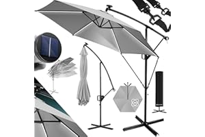 KESSER® Alu Ampelschirm LED Solar Ø300cm Inkl. Abdeckung Fernbedienung Kurbelvorrichtung Kurbelschirm mit Ständer 360° Funktion UV-Schutz Aluminium Wasserabweisend Garten-Schirm Marktschirm Hellgrau