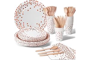 Nkaiso 140pcs Party Vaisselle,Kit Vaisselles Anniversaire Assiette Dîner Papier Tasse Serviette, Enfants Party Fête Mariages Baby Shower Noël, 20 invités (Rose Or)