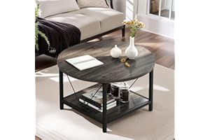 DWVO Couchtisch Rund, 2-Tier Wohnzimmertisch Industrial Kaffeetisch mit offenem Aufbewahrungsregal, Holz Couchtisch mit Metallrahmen, Einfache Montage, Grau