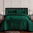 Tribeca Living Velvet King Quilt Set - Three-Piece Lugano Honeycomb Stitch Bedding, Super Soft 260GSM Velvet, Oversized Quilt and Two Sham Pillowcases, Emerald Green