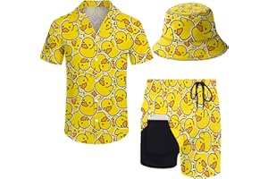 ZePinger Herren 80er Jahre Hemd und Shorts Sets 2 Stück 80er 90er Jahre Outfit Button Down 90er Hemd Anzüge mit Bucket Hats