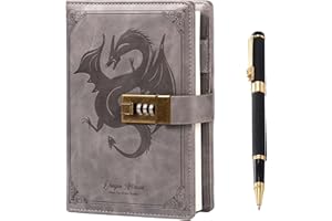 TIEFOSSI Dragon - Diario de cuero con bolígrafo, diario con bloqueo de combinación, cuaderno de papel con forro/en blanco, B6 Escribir diarios de papelería (gris)