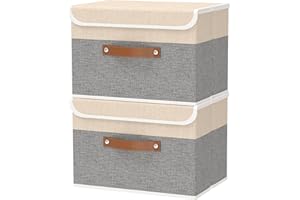 OUTBROS Scatole per Vestiti con Coperchio, Cestini Portaoggetti, Contenitori Pieghevoli con Maniglie, Organizzatori per Vestiti, 45 x 30 x 30 cm, 2 Pezzi, Grigio/Beige