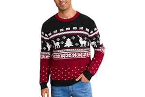 Wayleb Men's Christmas Jumper Crew Neck Long Sleeve Chunky Knit Reindeer Snowflake Pattern Pullover Festive Winter Sweatshirt Xmas Novelty Unisex Jumpers for Men UK