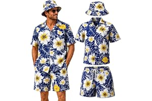 ZHIVEMEi Hawaii skjorta herr set med shorts & hatt, Hawaii-outfit män Hawaii-skjorta festival män Mallorca party kostym somma