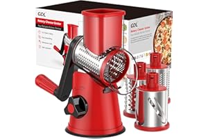 GDL Râpe à Fromage Rotative, 3 Lames Interchangeables, Facile à Utiliser et Nettoyer, Sûre et Efficace, Rouge, ABS/acier inoxydable 430