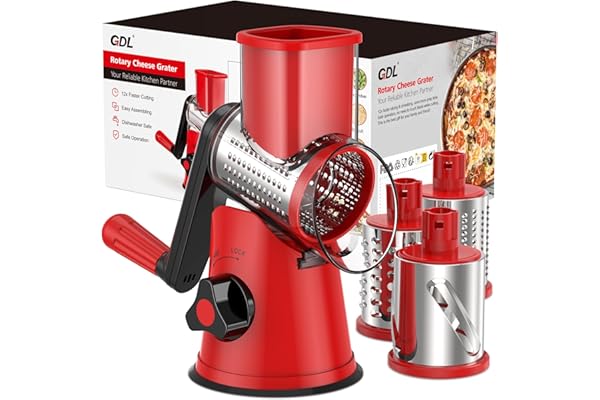 GDL Râpe à Fromage Rotative, 3 Lames Interchangeables, Facile à Utiliser et Nettoyer, Sûre et Efficace, Rouge, ABS/acier inoxydable 430