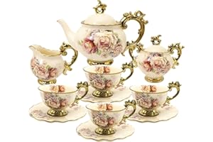 fanquare 15 Piezas Juegos de Té de Porcelana Inglesa, Vintage Juego de Café de Flores Rosas, Servicio de Té de Boda