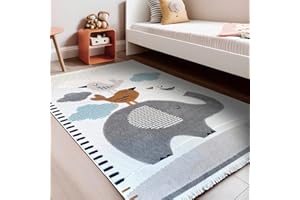 RUGURA Alfombra Infantil Habitación Niña Niño Dormitorio Animales Elefante Nubes Estrellas Arcoiris 160x230cm Gris Marrón Ocre Azul