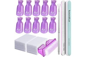 Teenitor Soak Off Gel Nail Polish Remover Kit with Nail Clips Nail Wipes, Acrylic Nail Remover Kit with Cuticle Pusher 100/180 Nail File 400/4000 Buffer Block, Gel Nail Remover Clips Set, Purple