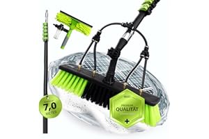 bevo - 4in1 Teleskop Waschbürste 7,2 M für Photovoltaik, Fenster, Wohnmobil & Dach-Reinigung - Teleskopstange & Teleskopbürste Reinigungs-Set mit Wasseranschluss, Reinigungs-Bürste & Wischer PV Anlage