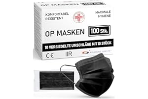 POLONORD ADESTE ADESTE – 100x schwarze Einweg OP Masken Typ IIR, 3-lagig, spritzwassergeschützt, konform mit UNI EN 14683:2019+AC:2019, BFE >98%
