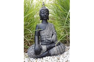 K&L Wall Art Statue de Bouddha Assise en béton/Pierre Artificielle Fonction de Feng Shui pour Le Jardin 45 cm de Hauteur Argent Noire Grise