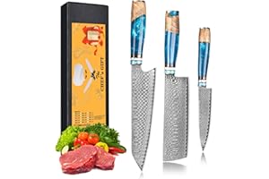 oFuun Set di coltelli da cucina damascato, coltello professionale, 3 pezzi, coltello da cucina, coltello da chef, coltello giapponese, in acciaio damascato, 67 strati, con manico ergonomico