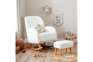 Babymore Freya Nursing Chair & Footstool in Off-White Bouclé - Elegant Rocking Chair for Timeless Comfort With Sturdy Wooden Legs, Soft Fabric & Stylish Armrests | Contoured Backrest Enhances Support