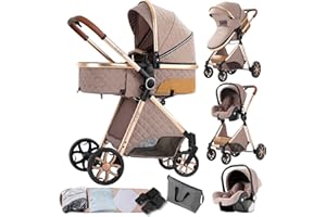 DZIRANAM Cochecito de bebé reversible 3 en 1 con asiento de seguridad, capazo alto, capota ajustable y estructura de aluminio(CAQUI)