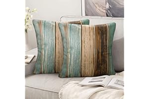 HANRUNSI Kissenbezug Grün 45x45 Modern Kissenbezüge 45x45 2er Set Grün Kissenbezug Holzstreifen Retro Vintage Kissenbezüge aus Rustikalem Holz aus Leinen für Sofa mit Verdecktem Glattem Reißverschluss