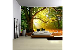 Arsey Tapisserie murale forêt arbre tapisserie soleil ciel tapisserie herbe nature paysage tapisserie décoration salon chambre vert grand 230 x 180 cm