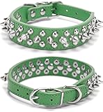 Mushrooms Spiked Rivet Studded Dog Collar, Adjustable Padded PU Leather Puppy Collars, Neck Protection Anti-Bite, Multi Colors & Sizes for Small Medium Large Pets for Outdoor, M Green