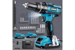 LEEIKOO Visseuse Devisseuse 21V avec 2 Batterie 2.0Ah, Perceuse Visseuse Sans Fil 42N.m Percussion, 25+3 Réglages de Couple, 28 Accessoires, 2 Vitesses, LED, pour Réparations et Bricolage
