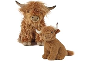 Living Nature Coppia di Mucche delle Highlands Genitore e Cucciolo, Due Giocattoli di Animale da Fattoria realistici e Morbidi, Peluche Naturli Eco-Friendly, 16cm e 22cm, Colore Brown, Bundle, AN504