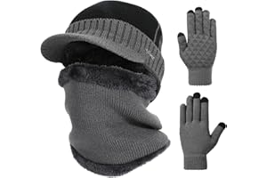 TAGVO 3in1 Inverno Berretto Scaldacollo Guanti Set, Fodera Interna in Pile Elastico Warm Knit Beanie cap Scaldacollo Guanti Touchscreen, Ciclismo in Esecuzione,Coordinati Invernali da Uomo Donna