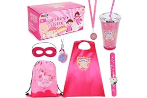 Golray Super Big Sister Gifts Set with Superhero Cape Eyemask Unicorn Slap Bracelets Necklace, Drawstring Backpack, Unicorn Keychain, Insulated Plastic Tumbler Cup Big Sister Gifts for Little Girls