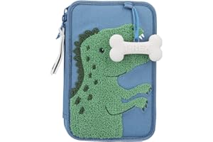 Depesche 12307 Dino World Dino Mini - Wypełniony 2-komorowy piórnik w kolorze niebieskim, z motywem dino wykonany z materiału frotte, zawieszką z kości, kredkami, linijką, nożyczkami itp.