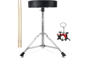 ffalstaff Sgabello seggiolino per batteria rotondo con altezza regolabile, coppia di bacchette 5A in omaggio e un fantastico portachiavi a forma di batteria