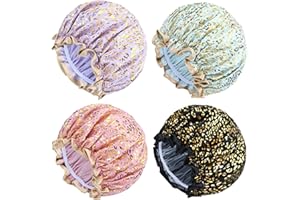 Yoosit 4 PACK Double Layer Waterproof Reusable Satin Shower Caps with Adjustable Bath Hair Caps Stretchy EVA Bathing Hats Bonnets Curly Long Braids Hair for Women Girls (pack of leopard)