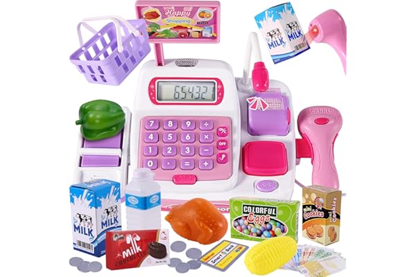 BUYGER Caisse Enregistreuse Enfants avec Vraie Calculatrice, Scanner Son et Lumière, Dinette Enfant, Commerçant Marchande Jeux pour Enfants 3 4 5 Ans, Rose