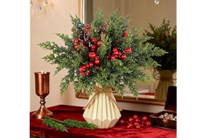 ilauke 50 sztuk sztucznych gałązek jodłowych, jak prawdziwe, duże sztuczne gałązki jodły z czerwonymi gałązkami jagodowymi 30/25 cm, sztuczne gałązki jodły do wazonów, gałązki DIY zeko Boże Narodzenie