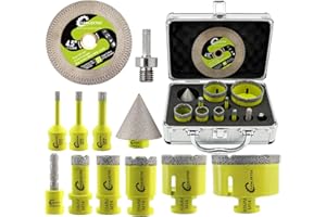 SANLEETEK Punte per Trapano Diamantate - 11pezzi(6/8/10/20/25/35/50/68+10mmFresa Diamantata+50mmPunta Smusso+ 115mmDisco+Adattatore)per Piastrelle di Ceramica Porcellana Marmo Granito M14 Filettatura