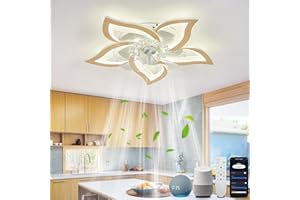 ‎YOLEDY YOLEDY Deckenventilator mit Beleuchtung, LED Lampe mit Ventilator Leise, Reversibel DC Motor, Dimmbar, Intelligente Deckenleuchte mit Ventilator Kompatibel mit Alexa und Google Assistent, Holz