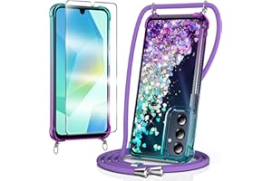 WQRTYJK Handykette für Samsung Galaxy A16 4G/5G Hülle mit Band mit Schutzfolie,Bling Silikon Durchsichtig Transparent Flüssig Glitzer mit Kette Kordel Treibsand Necklace Schutzhülle Case, Lila
