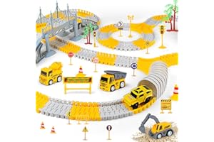 TAVADA 363 Stück Autorennbahn Rennbahn Set für Kleinkinder, Flexibles Autospuren mit 4 Baufahrzeugen und 1 Elektroautos, Bagger Spielzeug, Geschenke für Kinder ab 3 4 5 6 Jahre alt Jungen Mädchen
