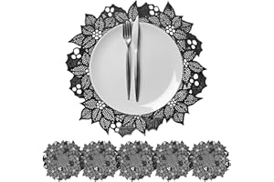 Terafeels Placemats Black Table Mats PVC Place Mats Hollow Set of 6 Heat Resistant Mat Non-slip Dining Placemats Decorative Placemats for Home Kitchen Wedding Party Diameter 38cm,10110-Black10