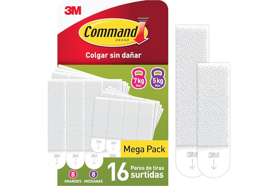Command Tiras Adhesivas para Colgar Cuadros, 8 Pares de Tiras Medianas y 8 Grandes Blancas - Para Marcos, Espejos y Otros Ado