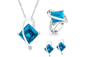 TOBESTU Charm Created Topaz Big Square Crystal Necklace Matching Stud Earrings Rings Jewelry Set T295