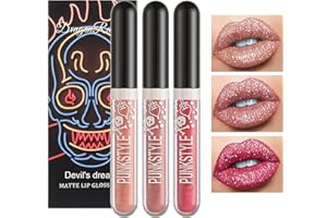 OKENTEN 3PCS Metallic Diamond Liquid Glitter Schimmer Lippenstift Matte Black Lipstick Set Getönter Lipgloss Rich Pigment Langanhaltender Non-Stick Cup Wasserdichte Lip Glaze (A)